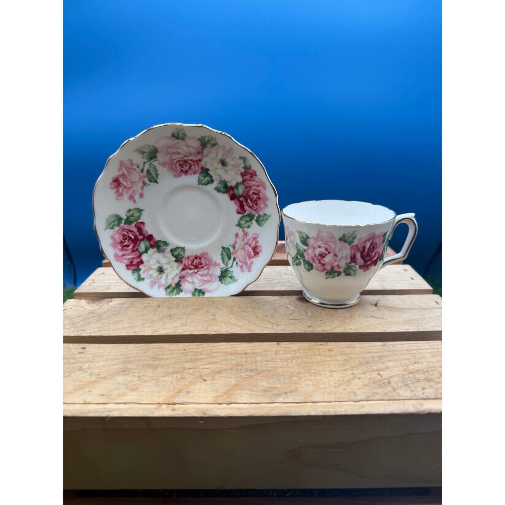 Vintage Crown Staffordshire Pink Rose Teacup and Saucer Set - Fine Bone China